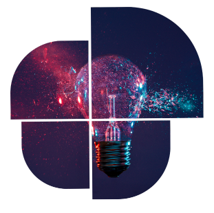 A shattering lightbulb with blue and pink hues captured at multiple stages of fragmentation against a dark background.