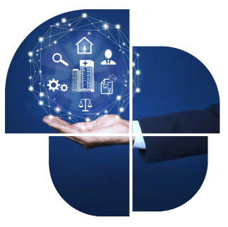 A person in a dark suit holding a digital interface with various business and technology icons.